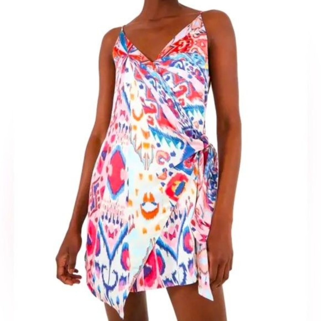 Nwot Anthropologie Farm Rio Boboikat Abstract Spaghetti Strap Wrap Mini Dress Xs